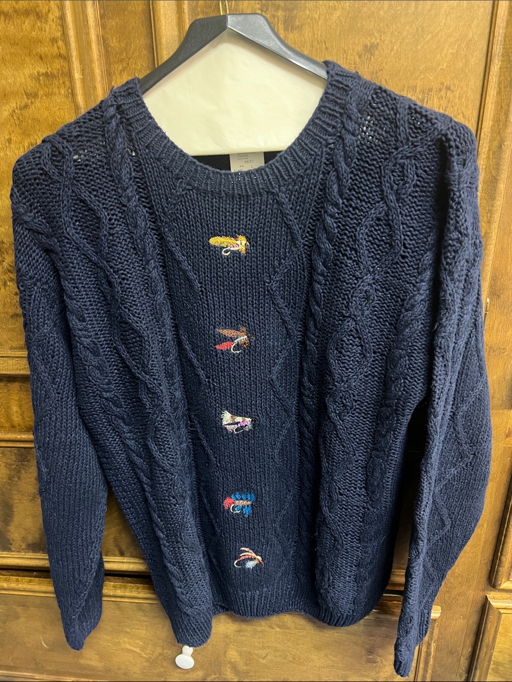Woolrich Navy Cable-Knit Crewneck Sweater with Embroidered Lures
